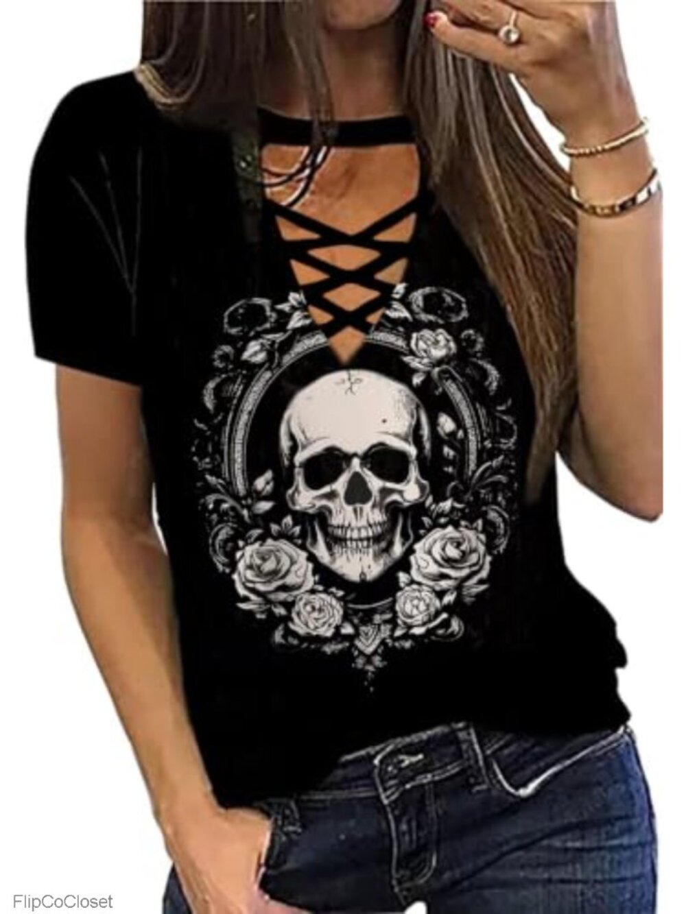 Floral Graphic Criss-Cross Hollow Out V-Neck T-Shirt Women Short Sleeve Casual